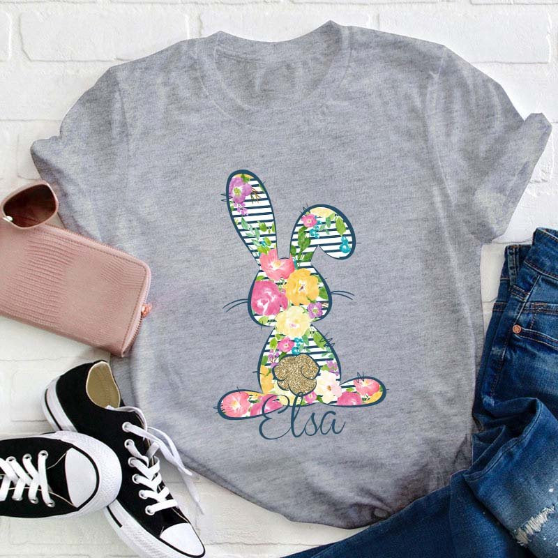 Personalized Floral Bunny Teacher T-Shirt