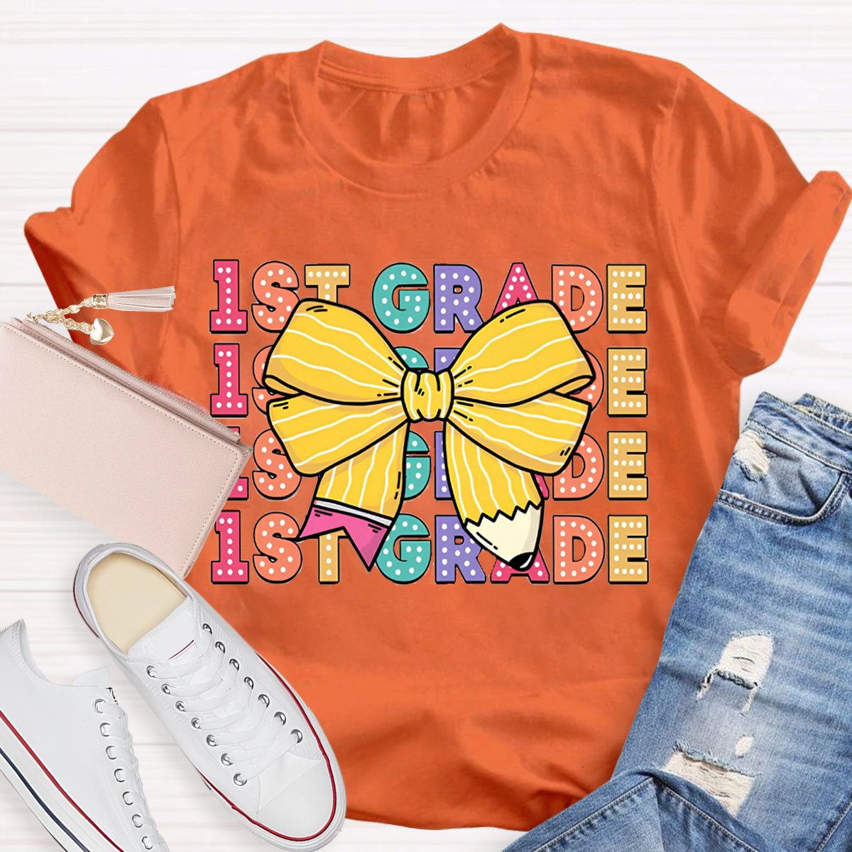 Personalized Grade Bow Pencil Design T-Shirt