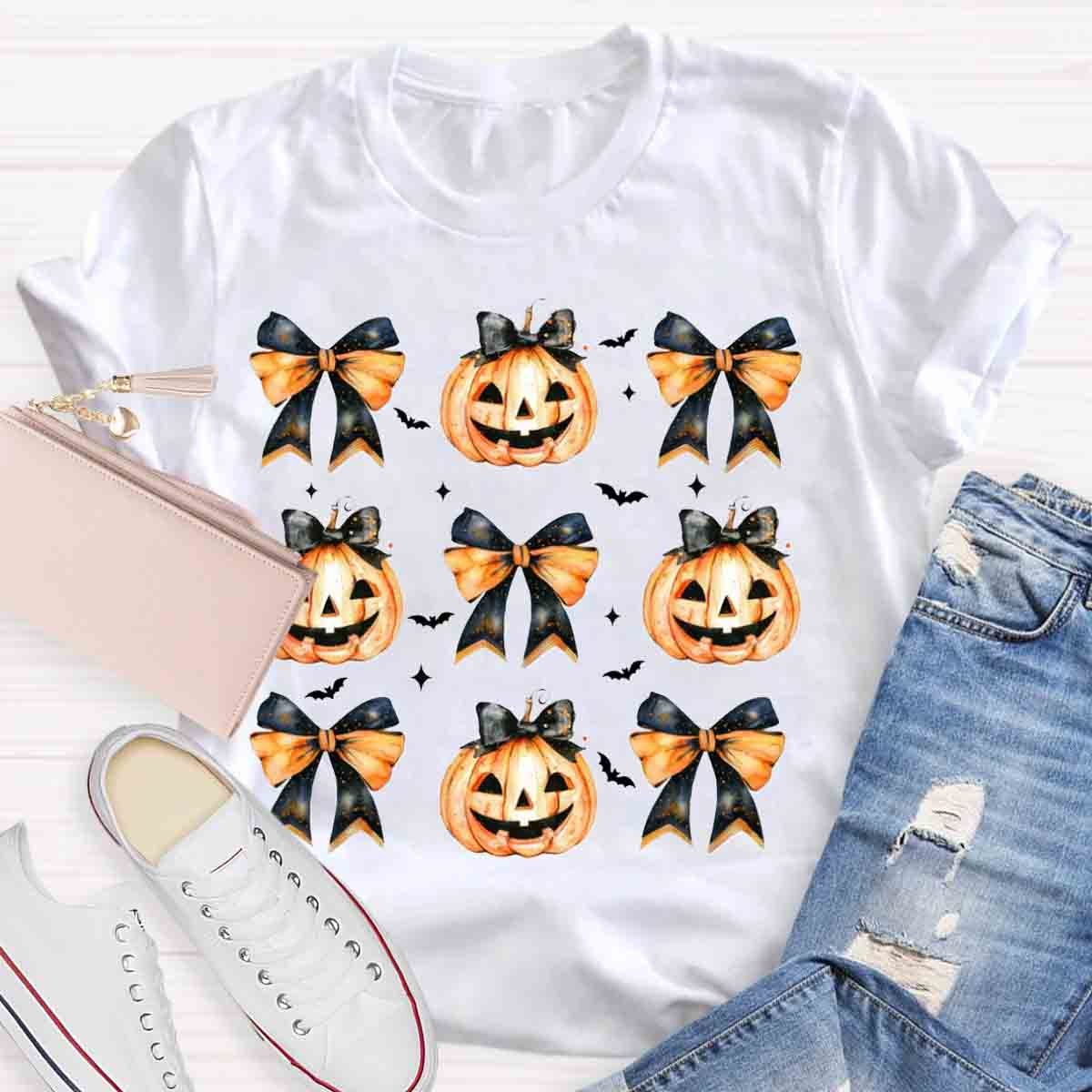 Fall Vibes Pumpkin Bowknot Spooky Teacher T-Shirt