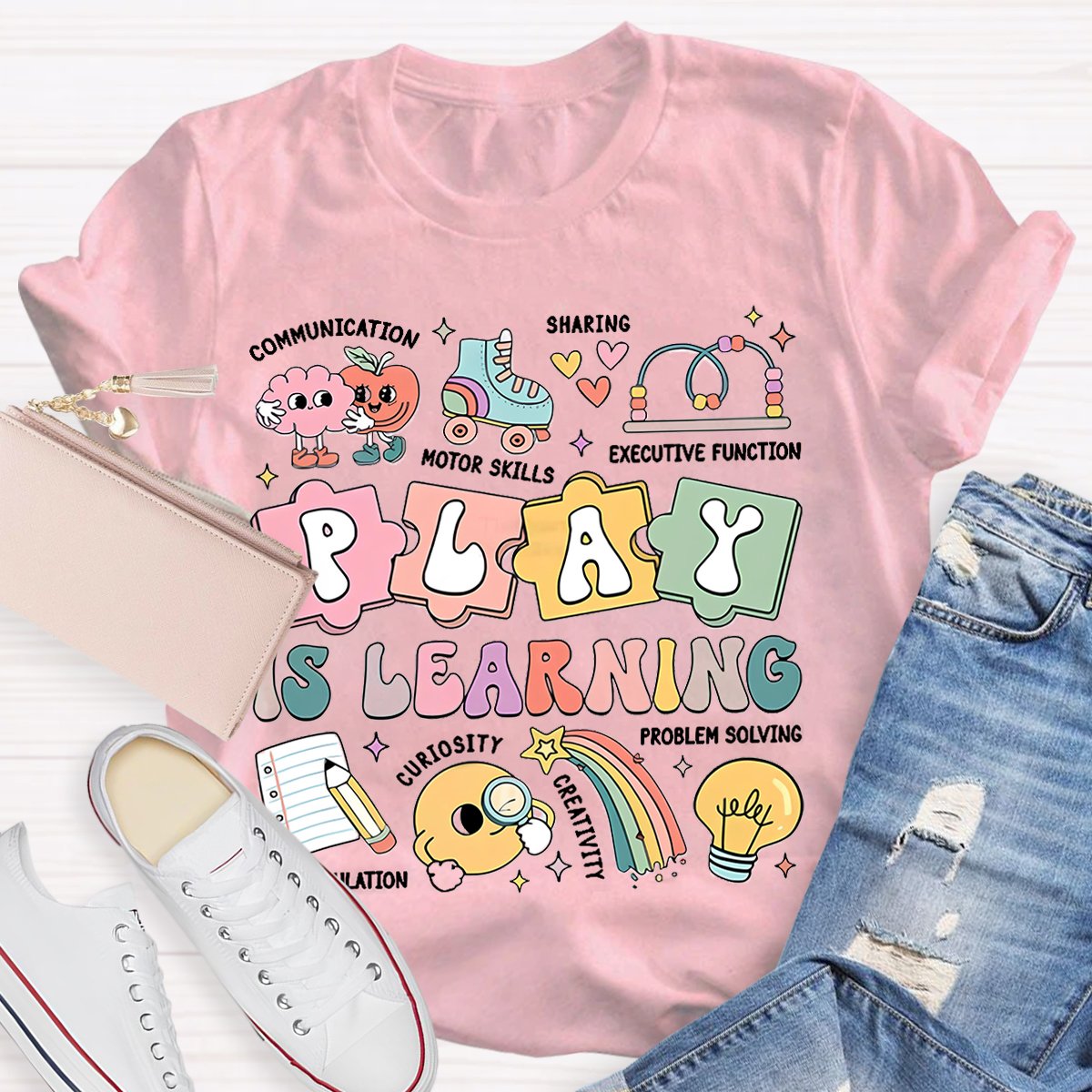 Play Is Learning Colorful Cute Icons Teacher T-Shirt