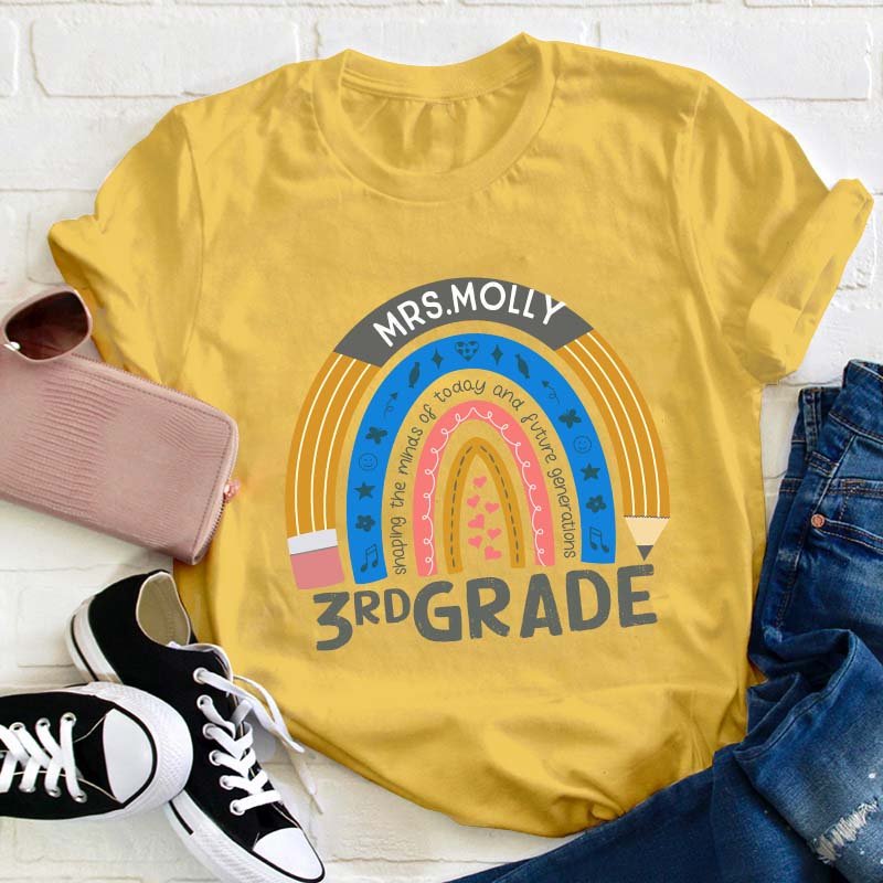 Personalized Name And Grade Pencil Rainbow Teacher T-Shirt