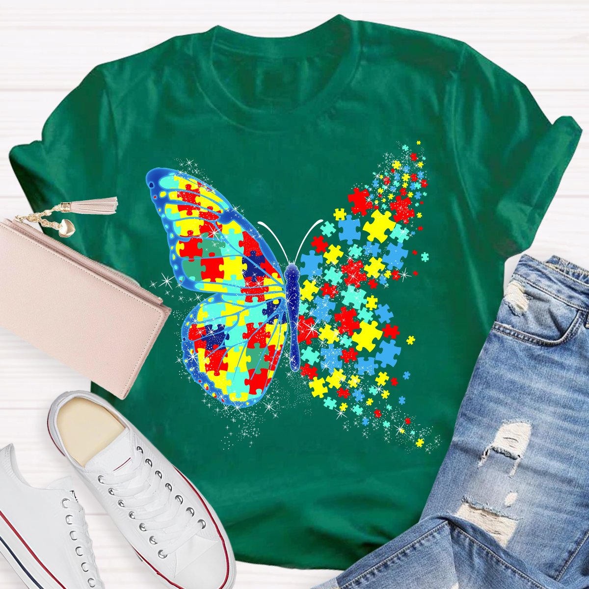 Colorful Puzzle Butterfly Teacher T-Shirt