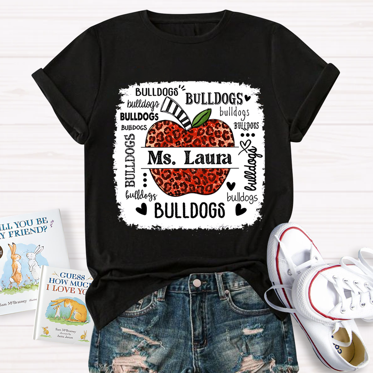 Personalized School Mascot Leopard Apple Teacher T-Shirt