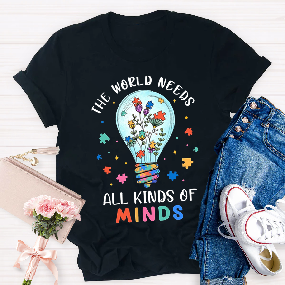 Colorful Puzzle The World Needs All Kinds Of Minds Teacher T-Shirt