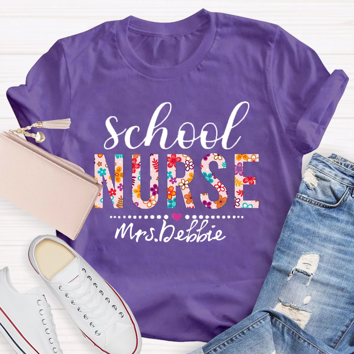 Personalized School Nurse Name Floral T-shirt