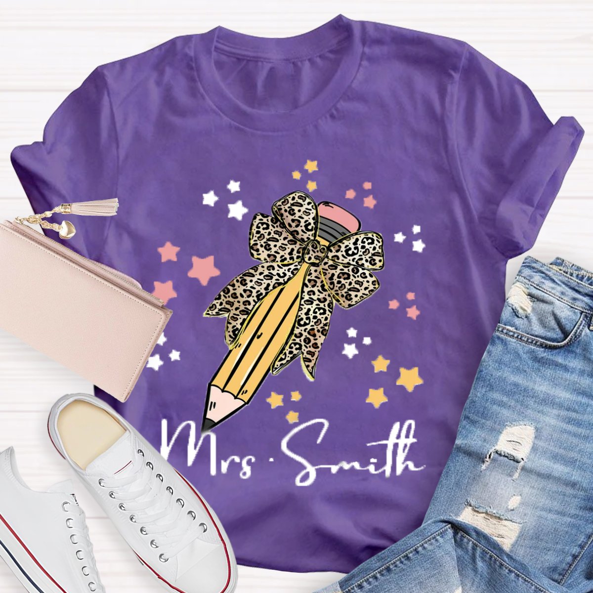 Personalized Name Leopard Bow Teacher Shirt