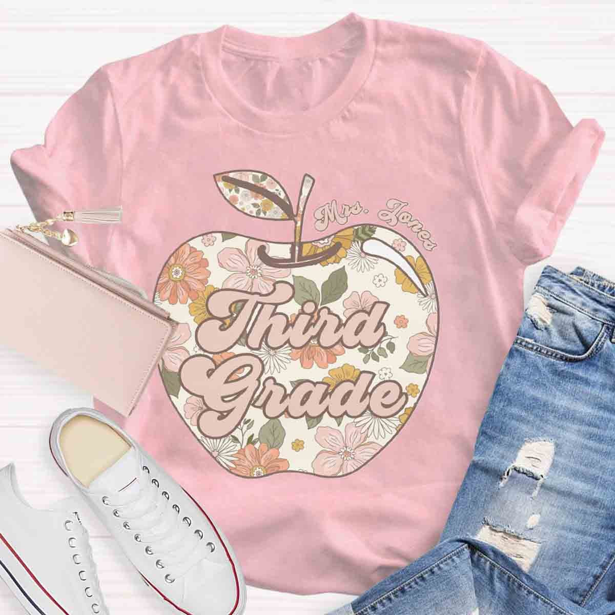 Personalized Grade And Name Apple Floral Teacher T-Shirt