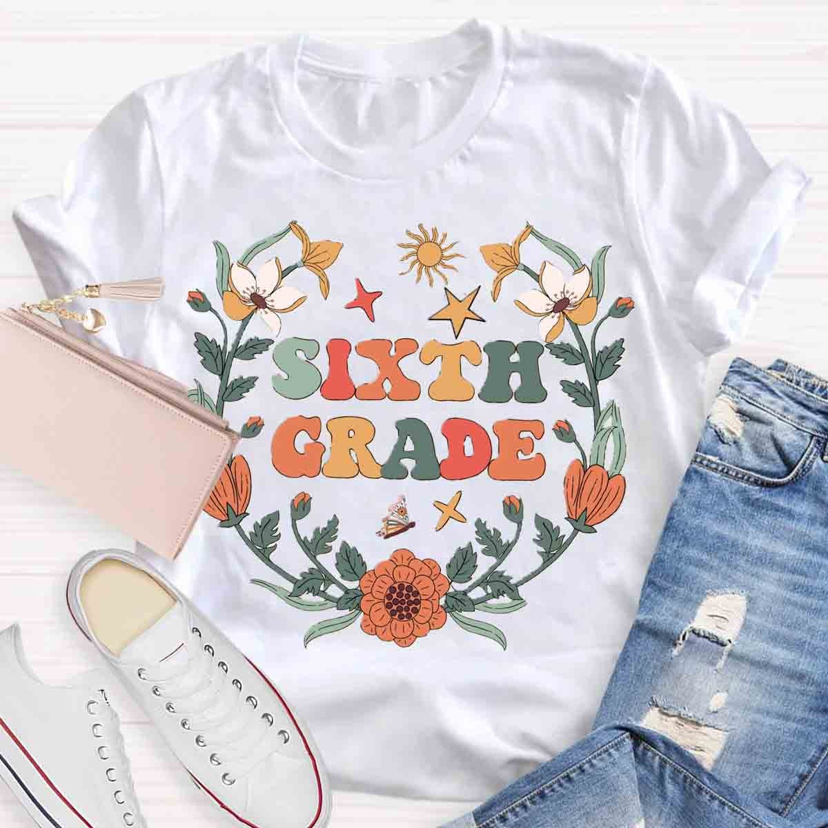 Personalized Grade Wildflowers Fourth Grade Teacher Shirt