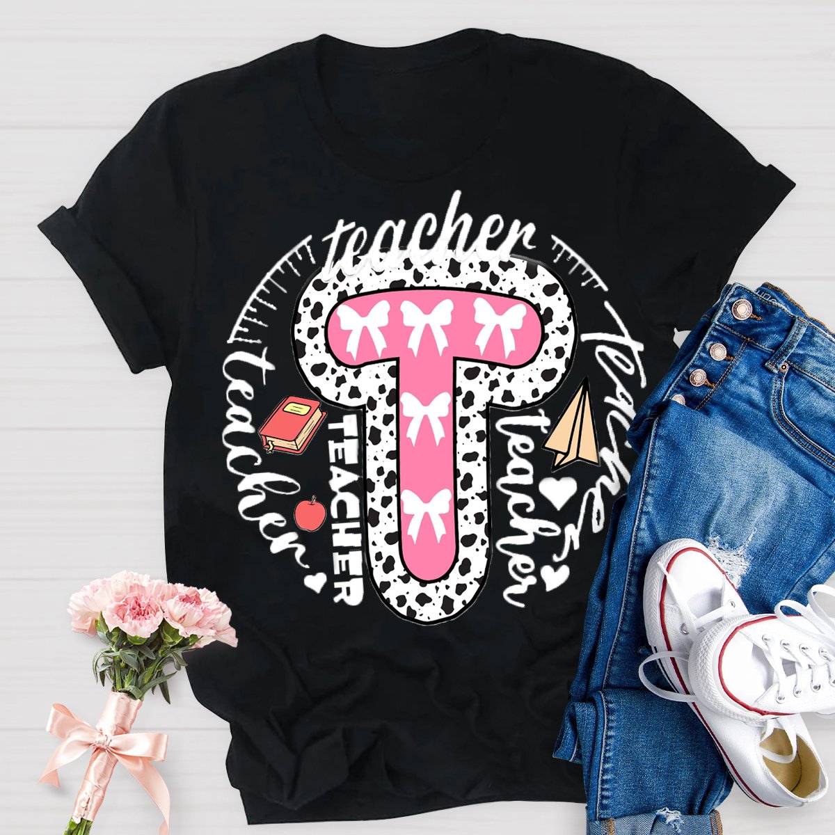 Teacher Typography Bow Print T-Shirt