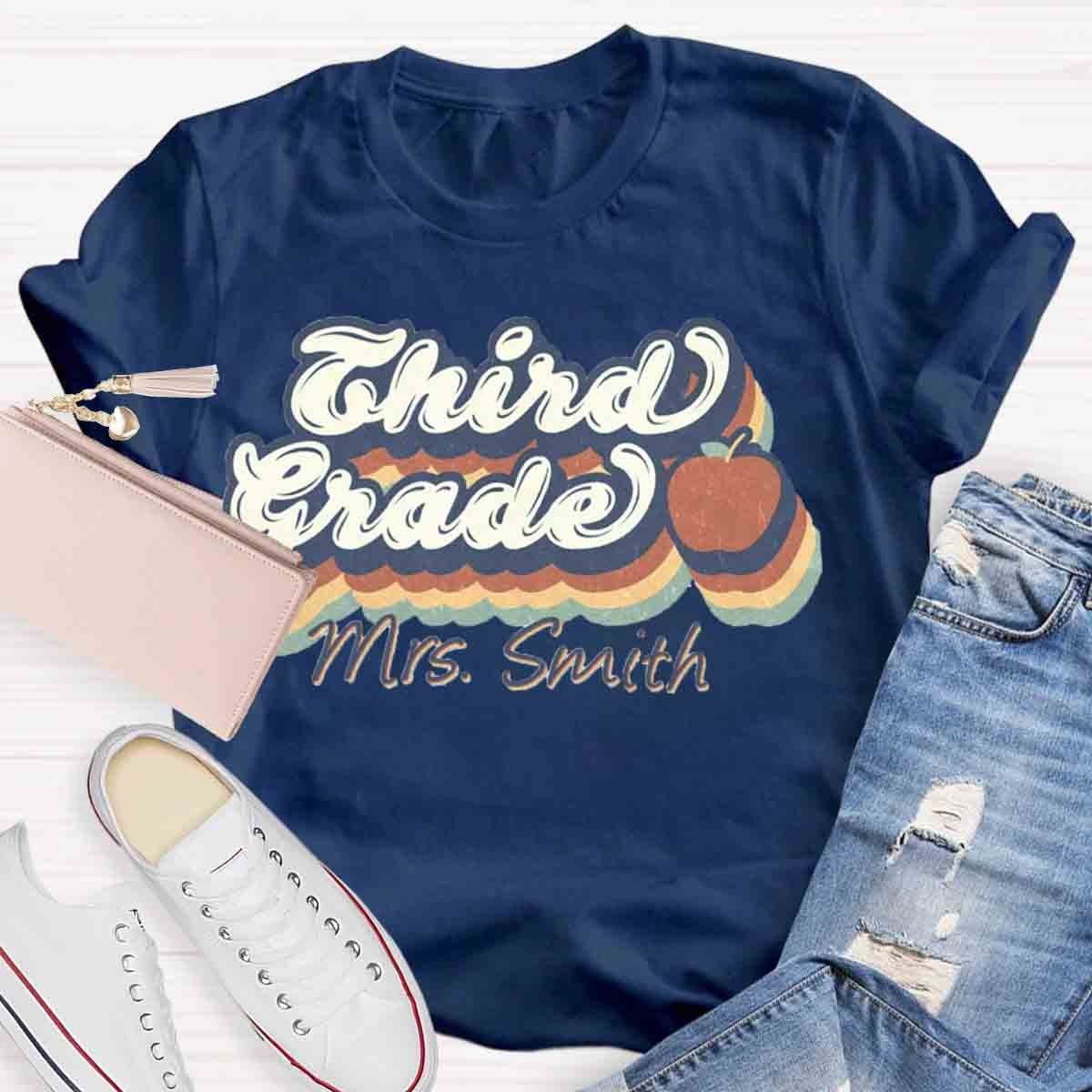 Personalized Grade And Name Retro 3rd Grade Teacher Shirt