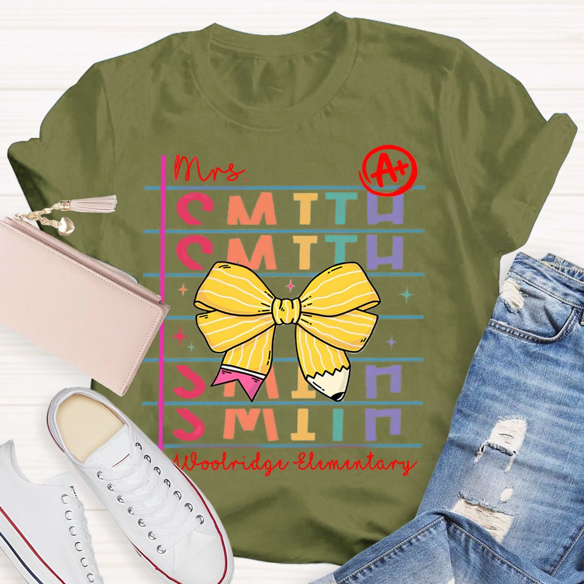 Personalized Teachers Name And School Name Bow pencil design T-Shirt