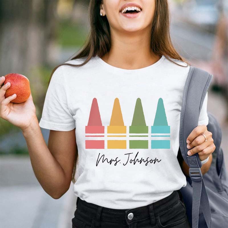 Personalized Colorful Crayons Teacher T-Shirt