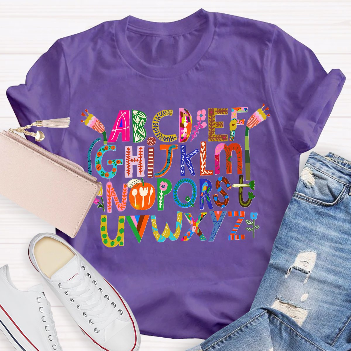 Artistic Design Cute Alphabet Print Teacher T-Shirt