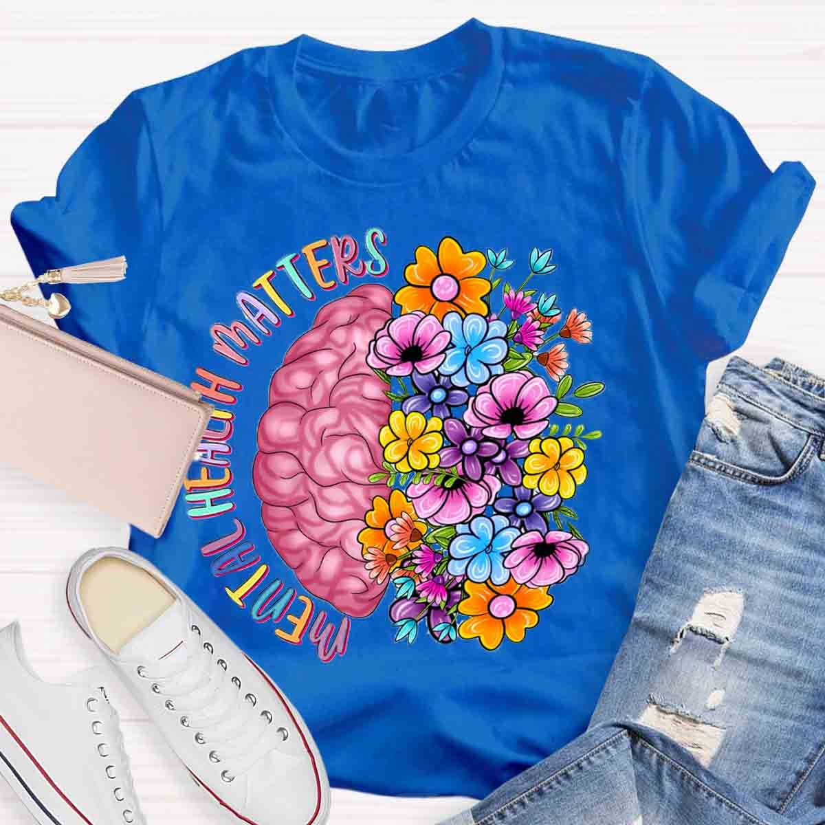 Mental Health Matters Half Brain Half Floral Skull T-Shirt