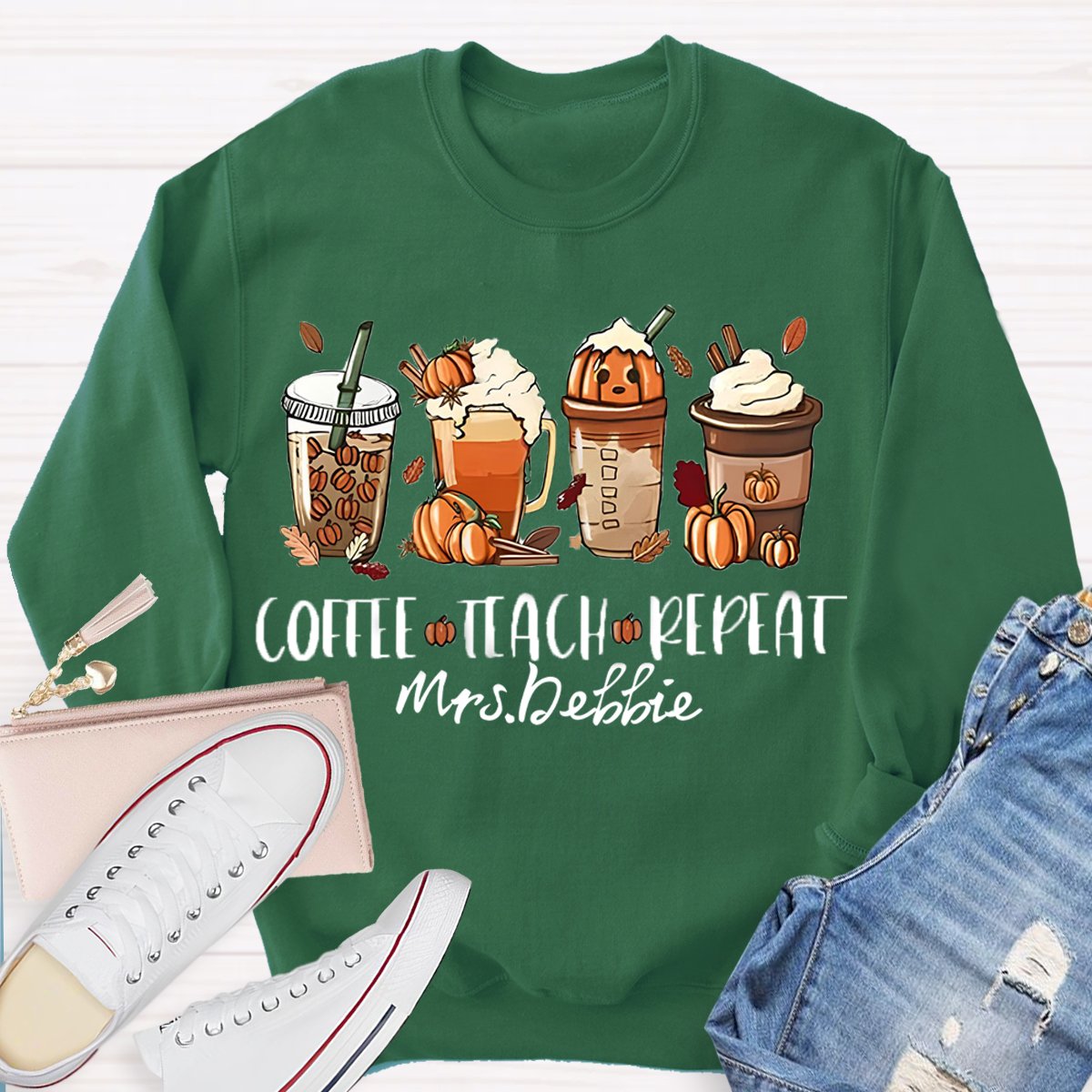 Personalized Name Halloween Coffee Teach Repeat Teacher Sweatshirt