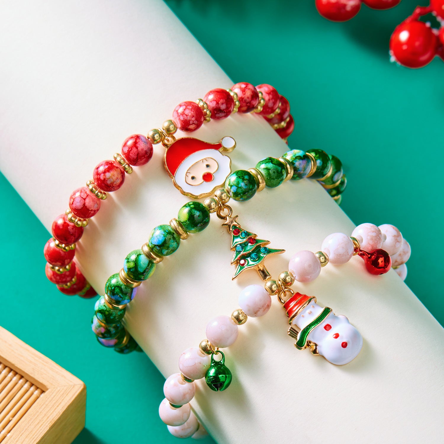 Christmas Tree Santa Snowman Bracelet Set