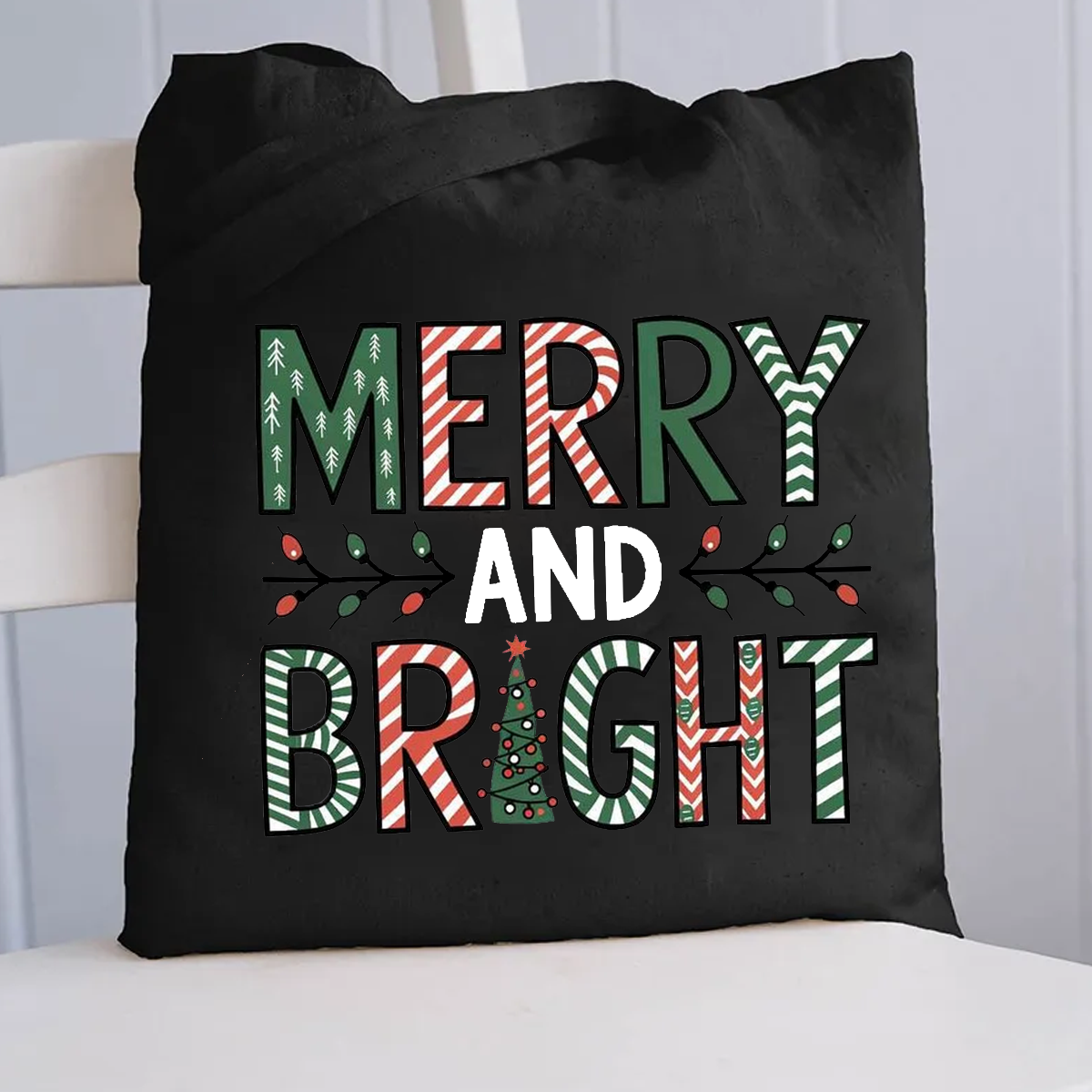 Merry And Bright Christmas Tree Canvas Tote Bag