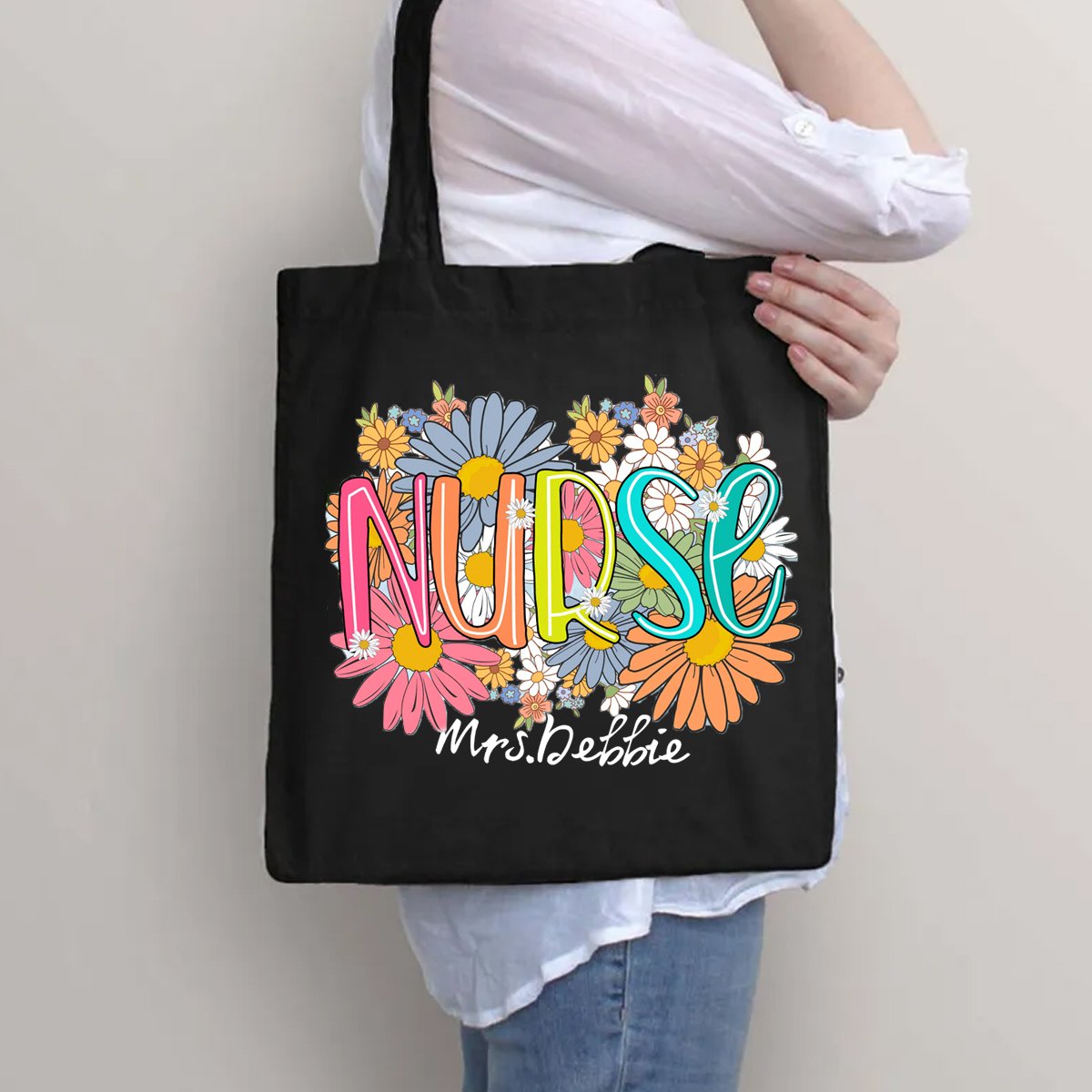 Personalized Your name School Nurse Flower Printed Tote Bag