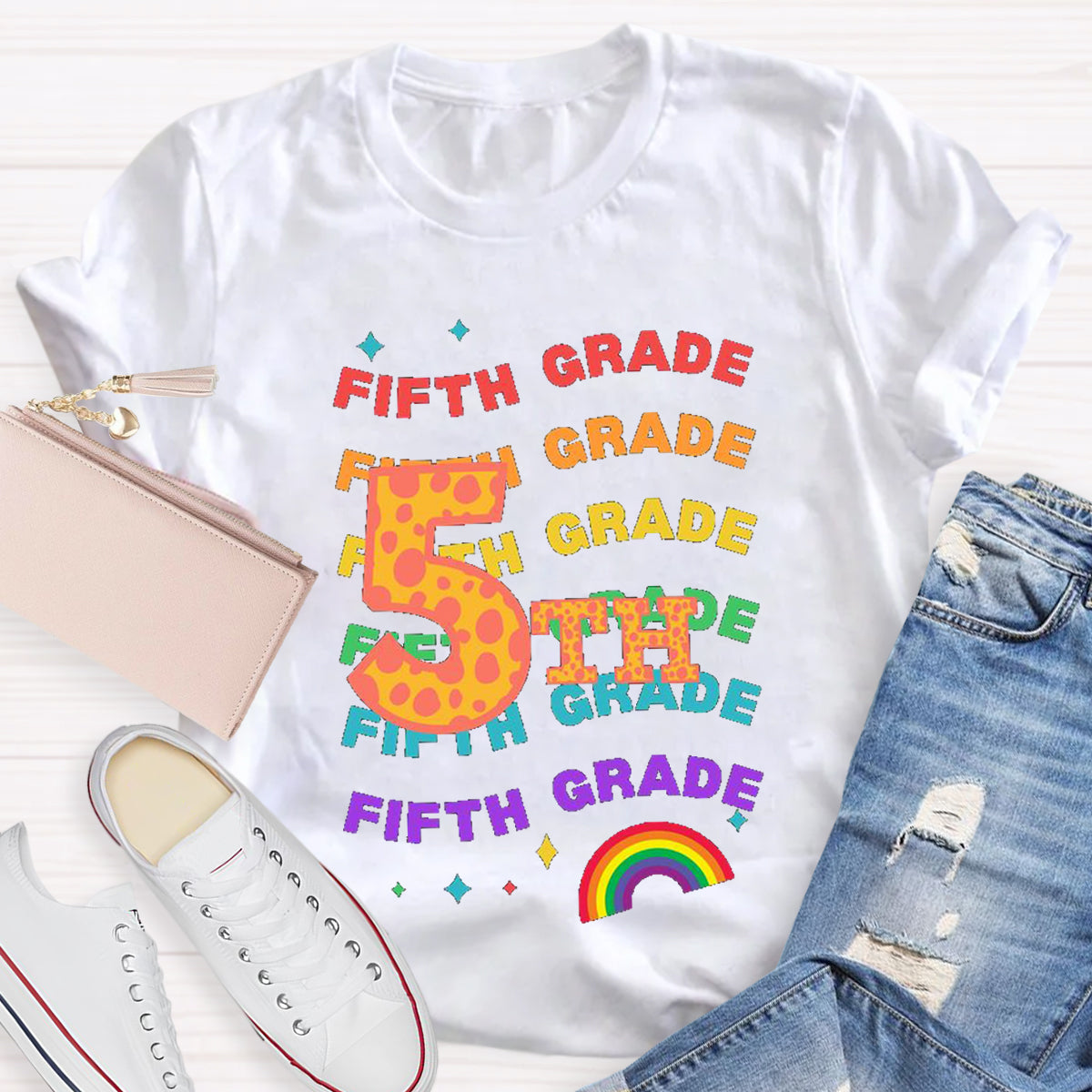 Personalized Grade Rainbow Teacher T-Shirt