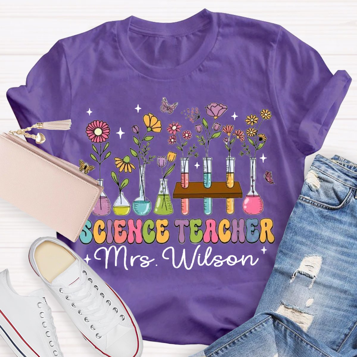 Personalized Science Teacher Name Tubes And Flowers Teacher T-Shirt