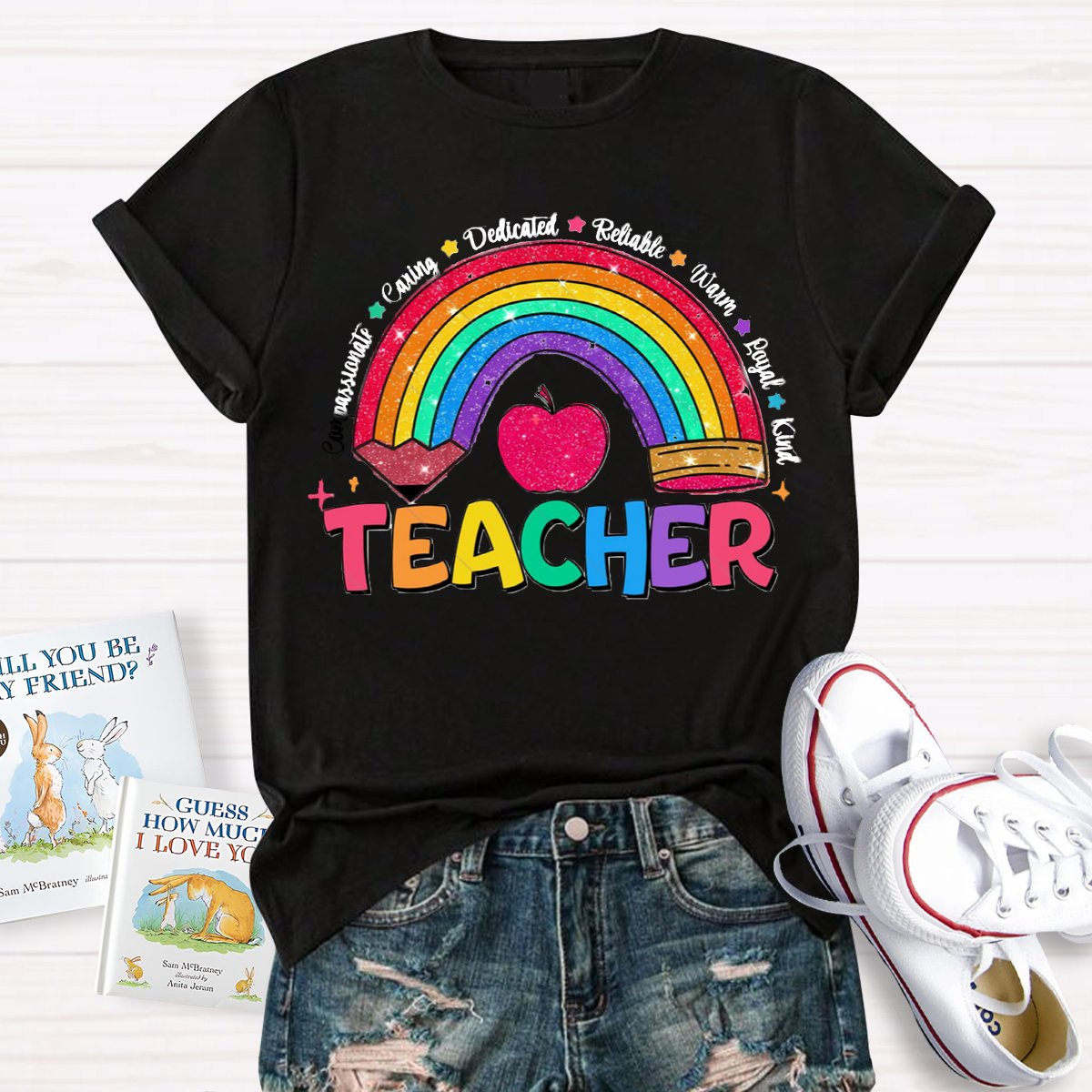 Glitter Teacher Rainbow Pencil Back To School T-Shirt