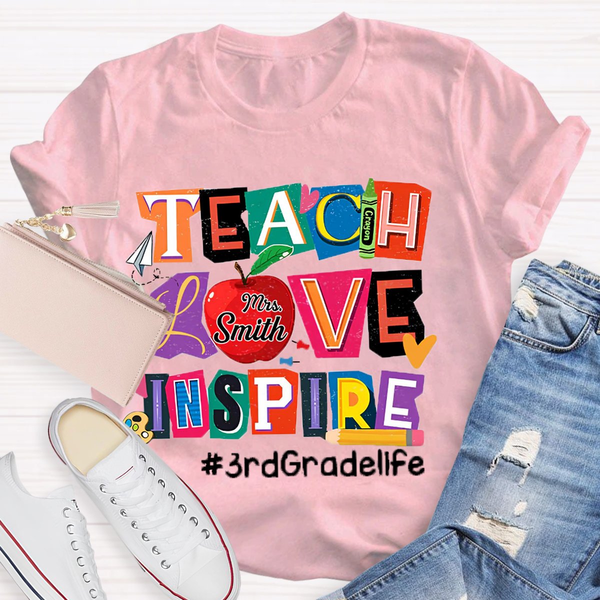 Personalized Name And Grade Teach Love Inspire Teacher T-Shirt