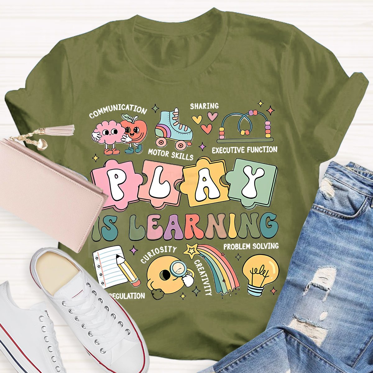 Play Is Learning Colorful Cute Icons Teacher T-Shirt