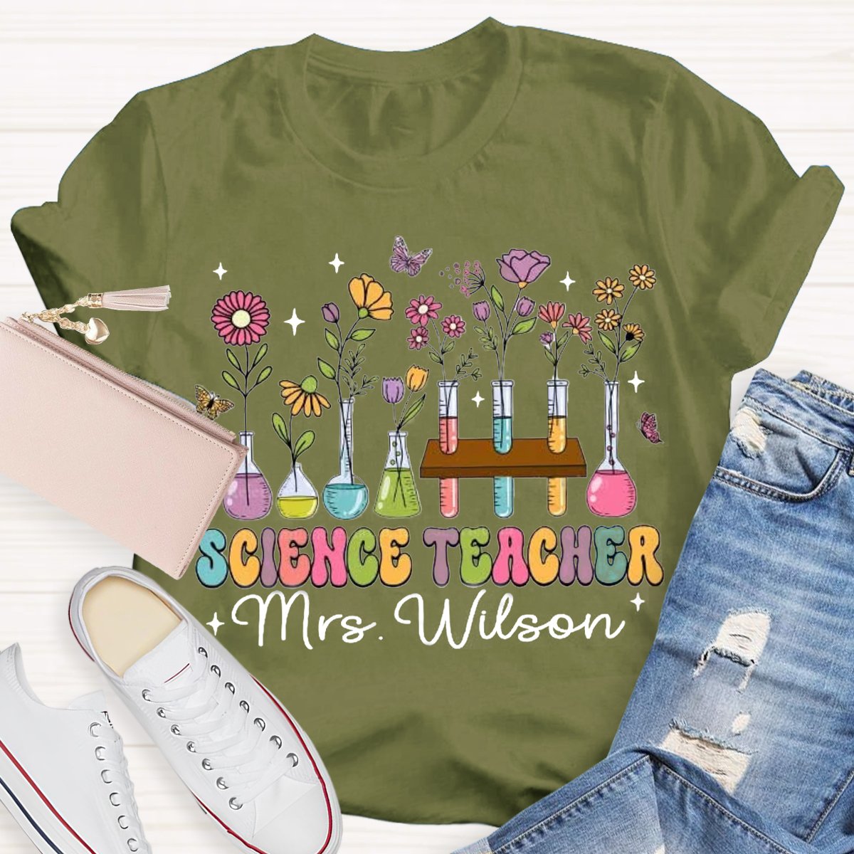 Personalized Science Teacher Name Tubes And Flowers Teacher T-Shirt