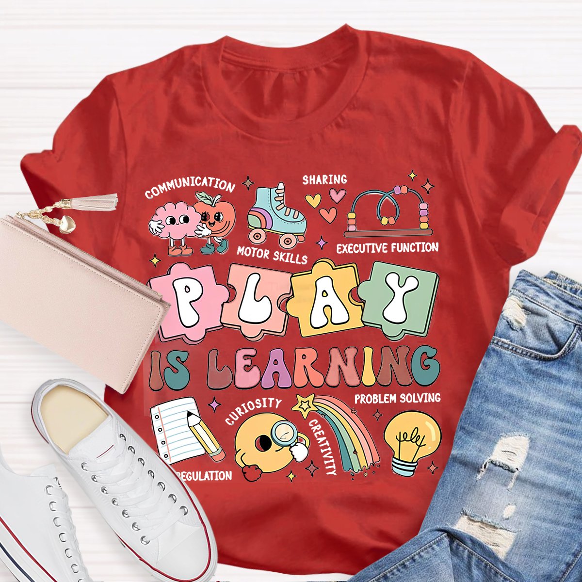 Play Is Learning Colorful Cute Icons Teacher T-Shirt