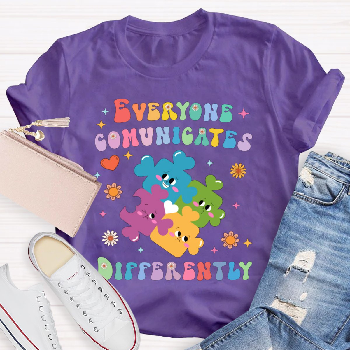 Everyone Communicates Differently Colored Puzzle Teacher T-Shirt