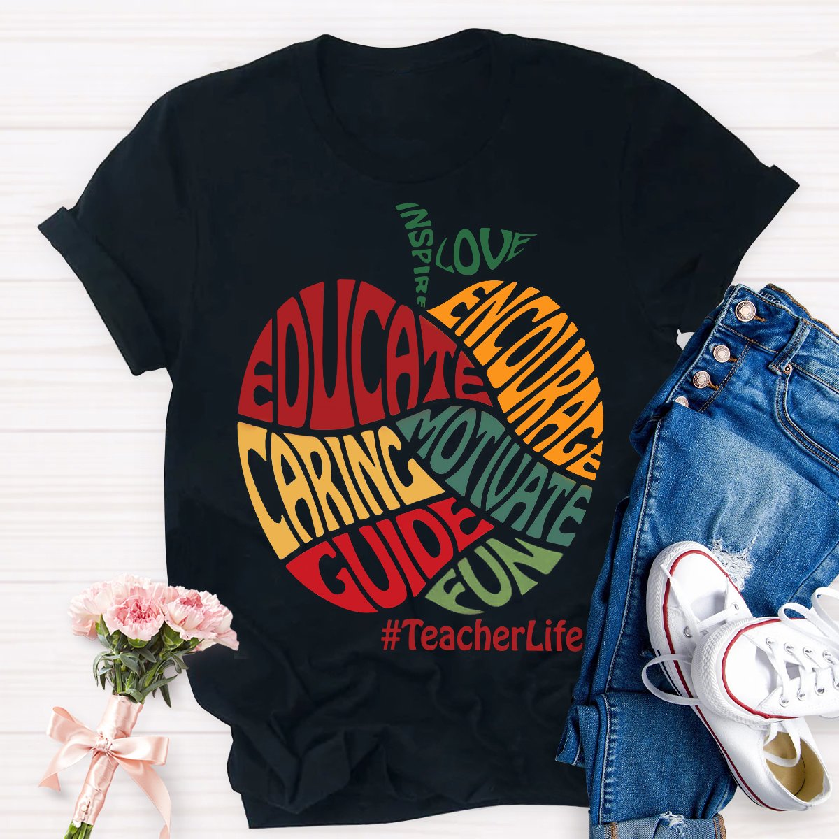 Colorful Apple Typography Caring Guide Educate T-Shirt