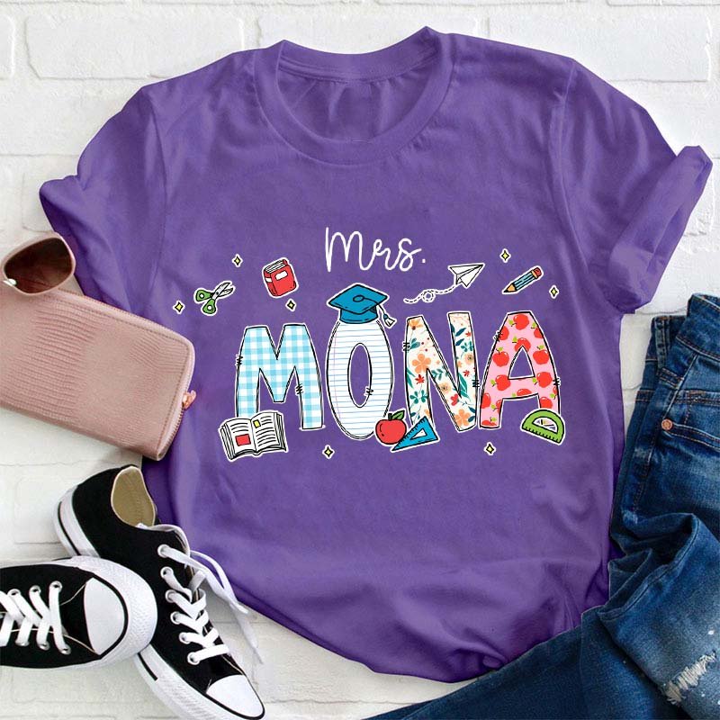 Personalized Name Cartoon Stationery Teacher T-Shirt