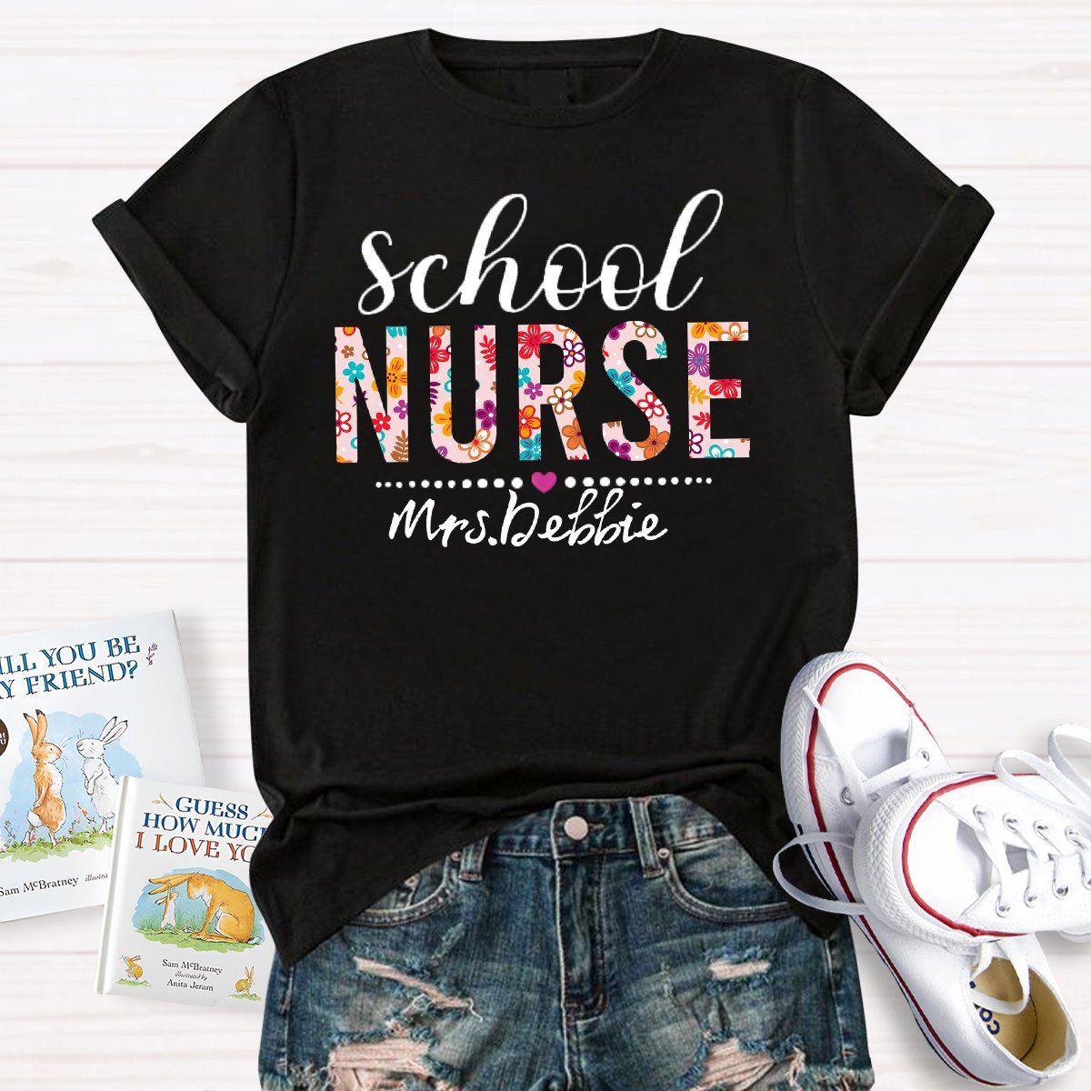 Personalized School Nurse Name Floral T-shirt