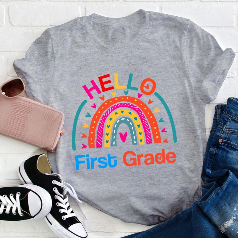 Personalized Grade Hello Rainbow Teacher T-Shirt