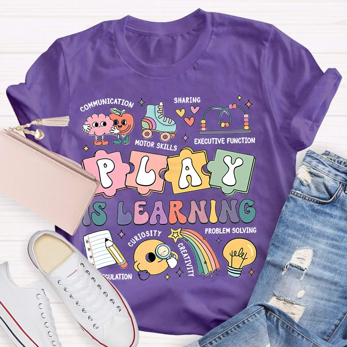 Play Is Learning Colorful Cute Icons Teacher T-Shirt