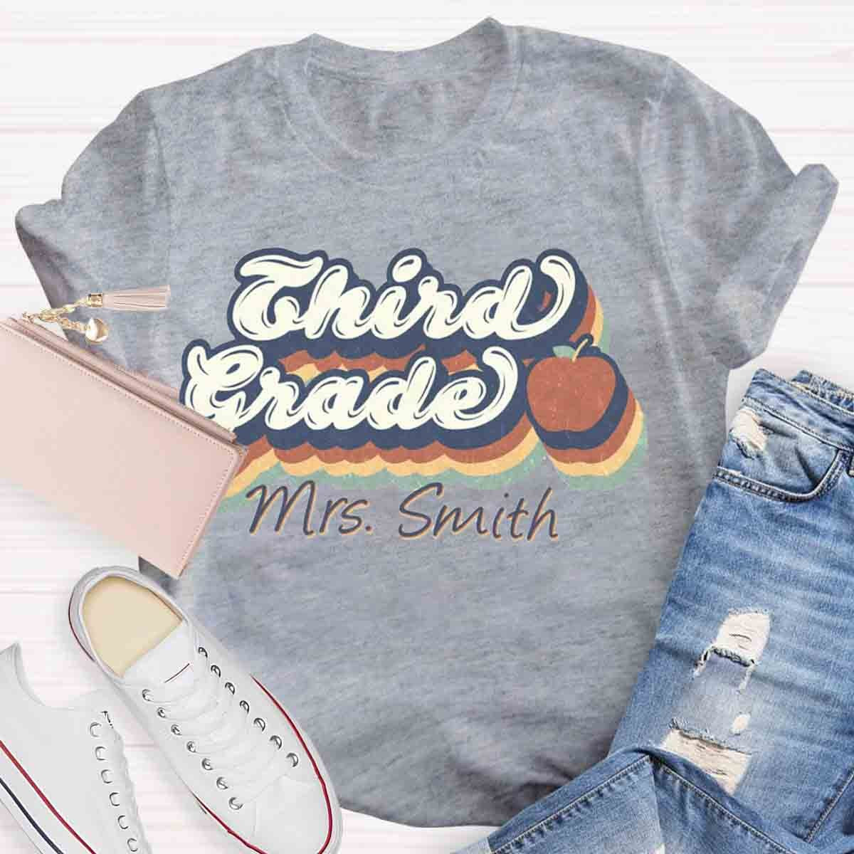 Personalized Grade And Name Retro 3rd Grade Teacher Shirt