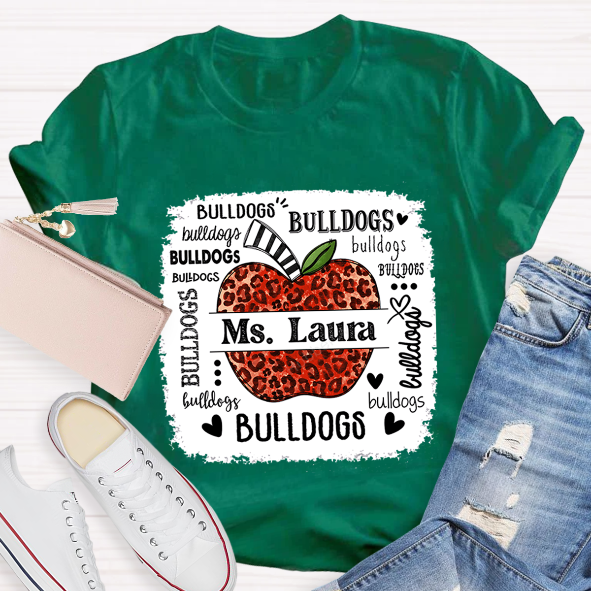 Personalized School Mascot Leopard Apple Teacher T-Shirt