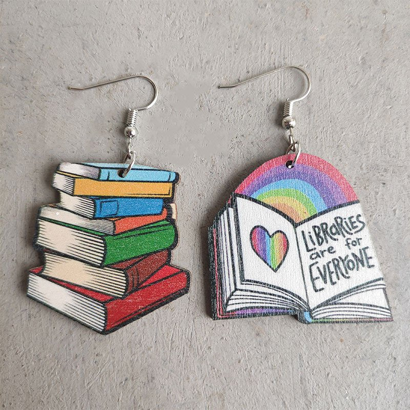 Book Reading Rainbow Heart Wooden Earrings