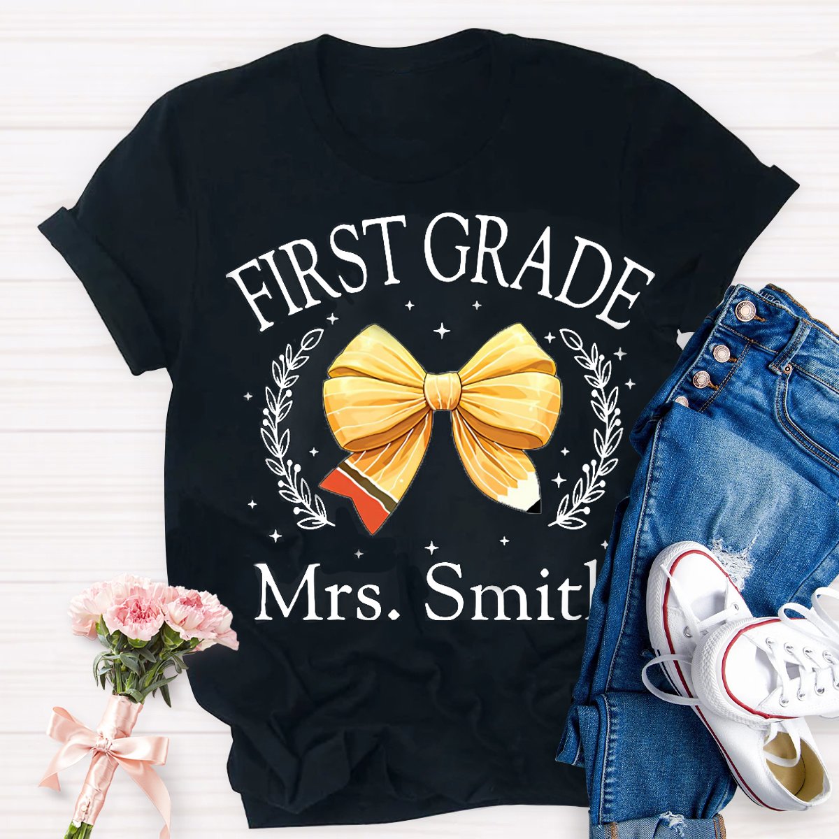 Personalized Grade And Name Yellow Bow T-Shirt