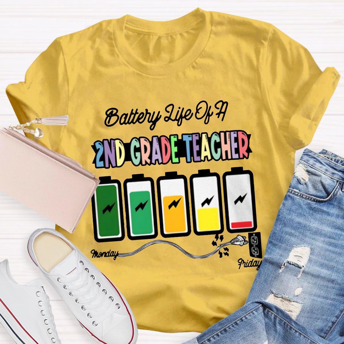 Personalized Battery Life Of A 2nd Grade Teacher Shirt