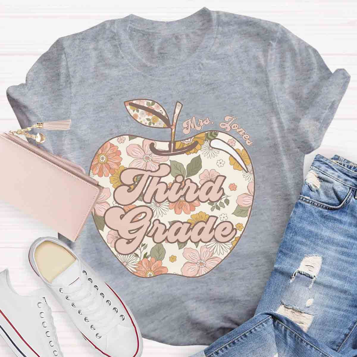 Personalized Grade And Name Apple Floral Teacher T-Shirt