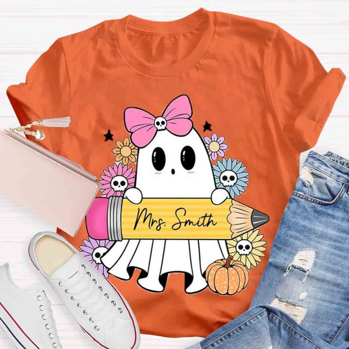 Personalized Name Halloween Teacher Coquette Ghost Shirt