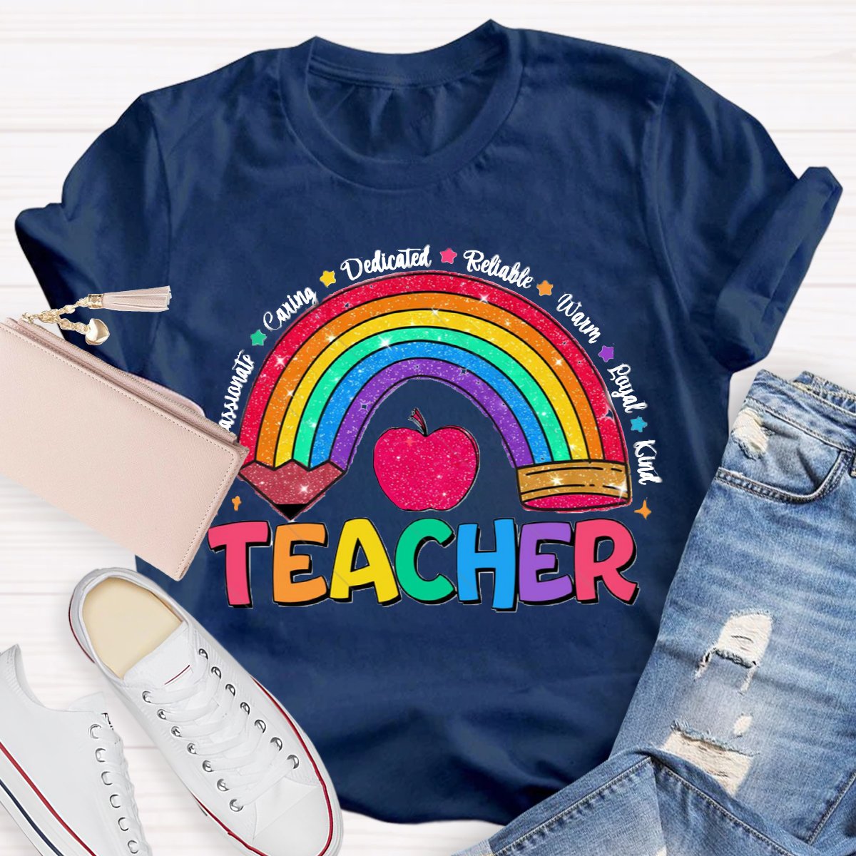 Glitter Teacher Rainbow Pencil Back To School T-Shirt