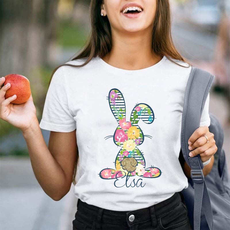 Personalized Floral Bunny Teacher T-Shirt