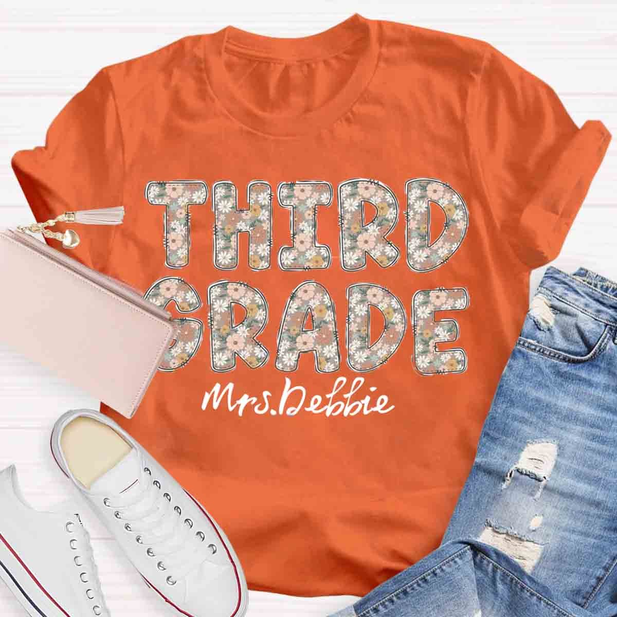 Personalized Grade And Name Floral Third Grade Teacher Shirt