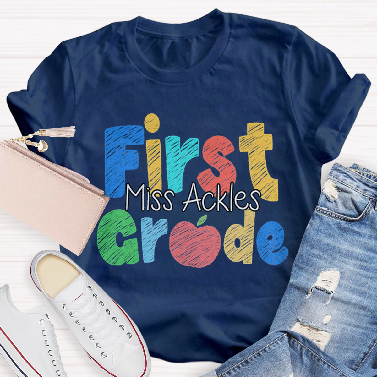 Personalize Grade Rainbow Apple Cute 4th Grade Teacher T-Shirt