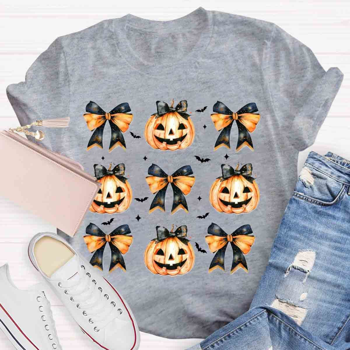 Fall Vibes Pumpkin Bowknot Spooky Teacher T-Shirt