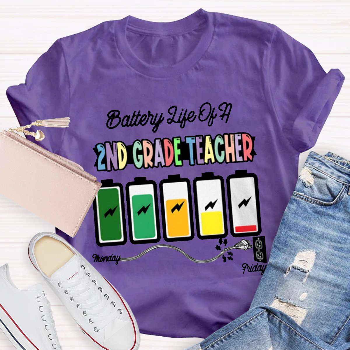 Personalized Battery Life Of A 2nd Grade Teacher Shirt