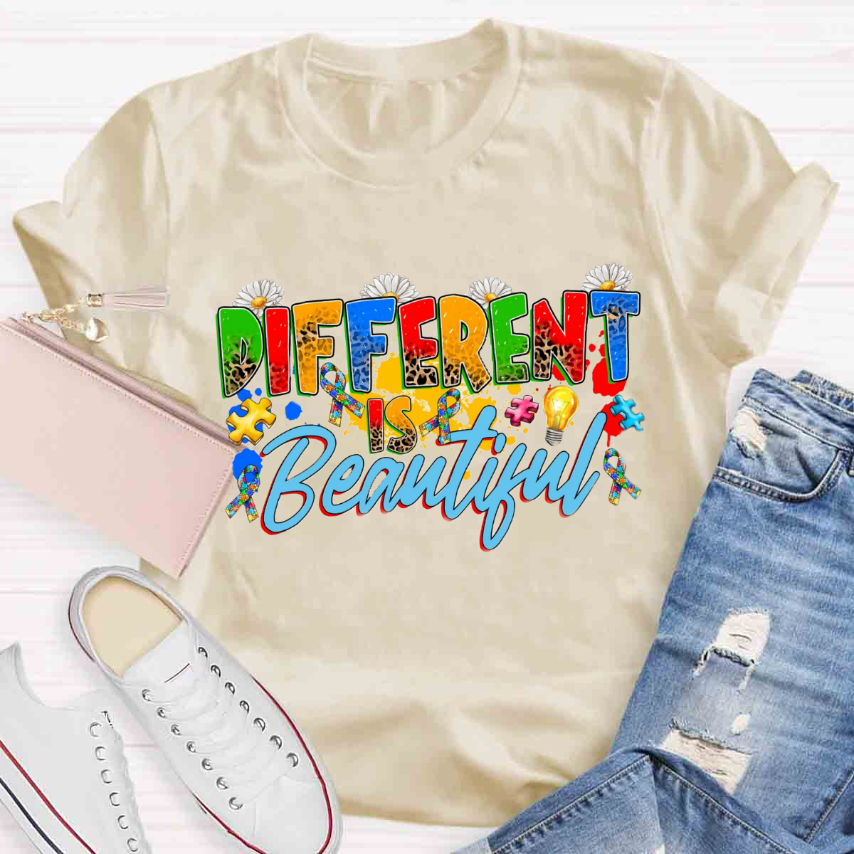 Different Is Beautiful Floral Teacher T-Shirt