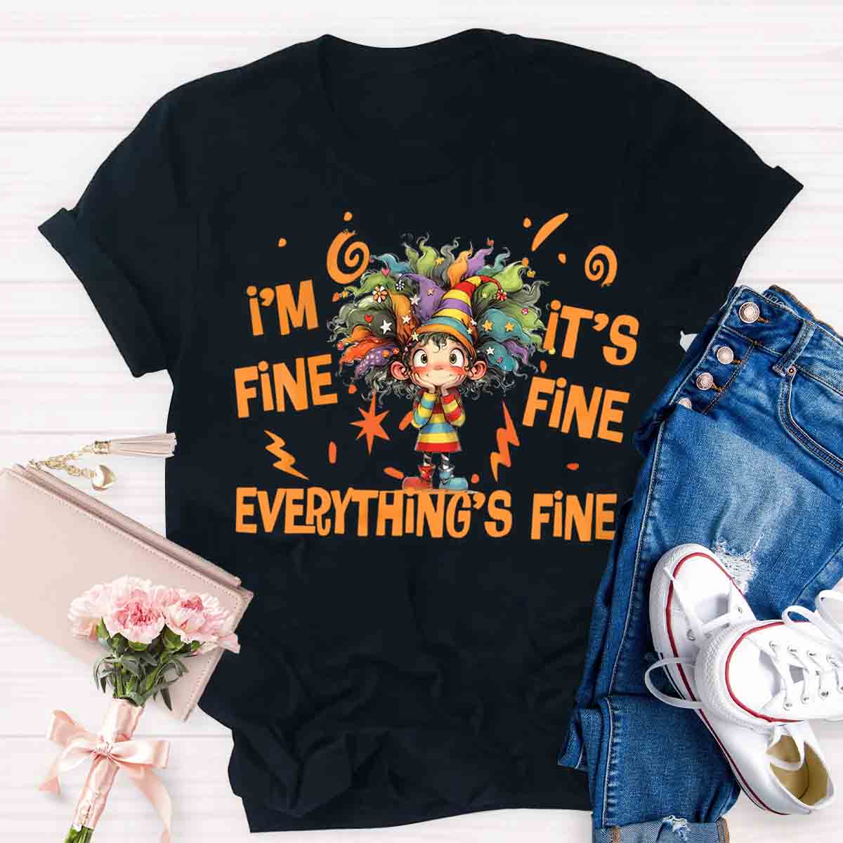 Everything Is Fine Cute Grumpy Kid Print T-shirt